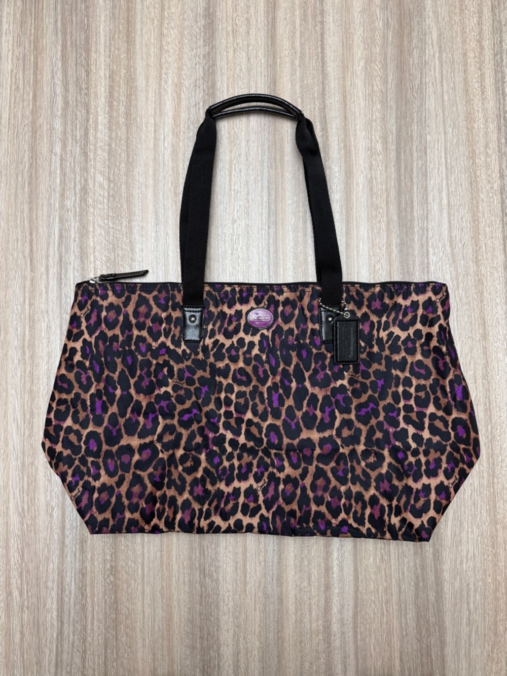 Coach Weekender Nylon Tote Leopard Print with Purple Ocelot